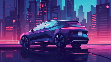 Artificial Intelligence technology in autonomous self-driving electric car. Ecology concept. Generative Ai technology.の素材