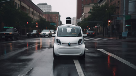 Self-driving car. Software sensor on the roof of the car scans the road. Generative Ai technology.の素材