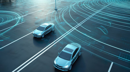 Self driving electric cars with radar waves avoiding other cars, road signs and trees along road. Futuristic Concept. Generative Ai technology.の素材