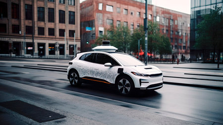 Self-driving car. Electric vehicle with self-driving autonomous technology. Generative Ai technology.の素材
