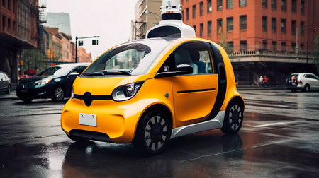 Self-driving yellow taxi. Software sensor on the roof of the car scans the road. Generative Ai technology.の素材