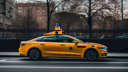 Self-driving yellow taxi. Software sensor on the roof of the car scans the road with radar waves. Generative Ai technology.の素材