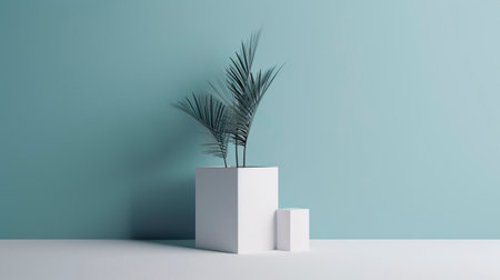 Showcase for cosmetics product display on white and blue background with flower. Generative Ai technology.の素材