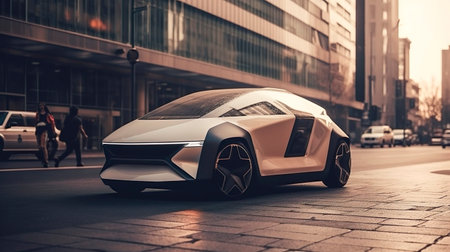 Artificial Intelligence technology in autonomous self-driving electric car. Ecology concept. Generative Ai technology.の素材