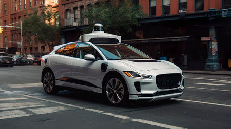 Self-driving white car. Electric vehicle with self-driving autonomous technology. Generative Ai technology.の素材