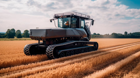 Self-driving combine harvester. Software sensor scans the field for obstacles and animals. Lane keeping technology. Generative Ai technology.の素材