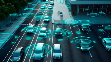 Self driving electric cars with radar waves avoiding other cars, road signs and trees along road. Futuristic Concept. Generative Ai technology.の素材