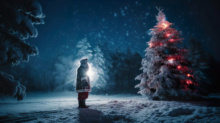 Santa Claus in the winter forest near the Christmas tree. Magic Christmas night. New year eve. Generative Ai technology.の素材