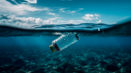 Plastic bottle under water. The sea and ocean pollution. Stop ocean plastic contamination. Environmental pollution.の素材