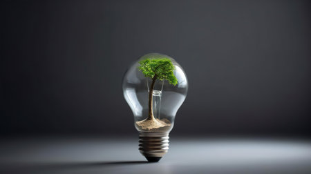 Tree that grow in energy saving lamp. Concept of green energy. Generative Ai technology.の素材