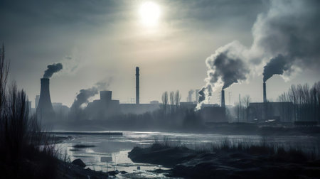 Environmental air pollution in the city. Smoke from the factory chimney. Ecological pollution. Generative Ai technology.の素材
