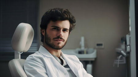 Handsome male dentist posing at his dental clinic. Medicine dentistry people. Health teeth. Generative Ai technology.の素材