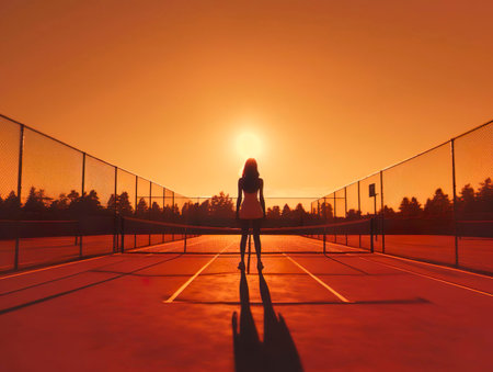 Silhouette of a beautiful female tennis player athlete. Sports ground or court background at sunset. Generative Ai technology.の素材