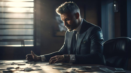 Serious businessman in suit counting money currency dollars at the office. Financial crisis. The accountant considers the profit.の素材