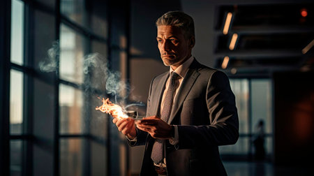 Serious businessman in business suit is holding a burning banknote. Burning money currency at the office. Financial crisis. Economic problems, inflation, recession concept.の素材