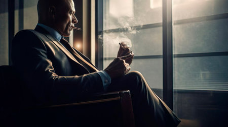 Serious businessman wearing business suit and tie sitting on the office chair and smokes cigarettes thinking about business strategy and solving problems.の素材