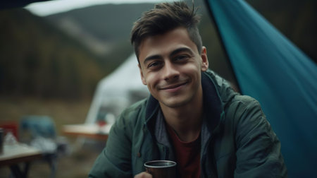 Smiling man tourist sits near a tent in a camp with a cup of hot tea. Camping in the nature. Travel adventure tourism concept.の素材
