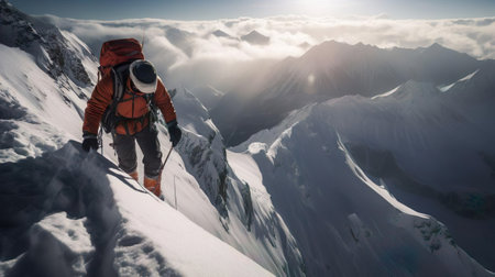 Male mountaineer climber alpinist climbing over snow. Mountaineering extreme sport mountain climbing.の素材