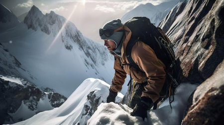 Successful mountaineer climber alpinist climbing over ice and snow reaching the summit. Mountaineering extreme sport mountain climbing.の素材