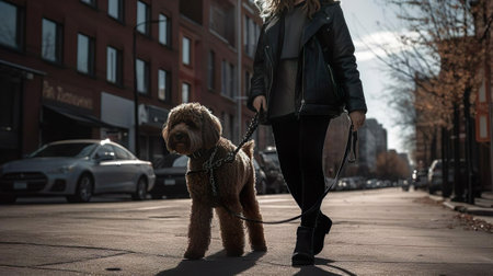 A woman in a coat walks with her dog on a city street. Lovely pet.の素材