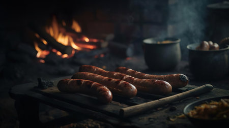 Hot barbecue sausages are cooked on the fire on the grill. Grilled sausages with smoke and flame. Barbecue picnic at the campsite. Camping.の素材