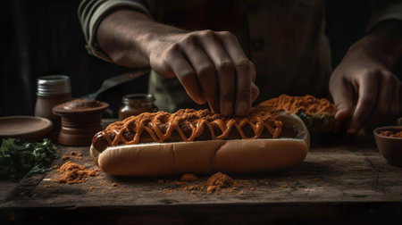 Chef preparing a tasty hot dog with a frankfurter beef sausage on a fresh bun adding crispy bacon, ketchup and mustard.の素材