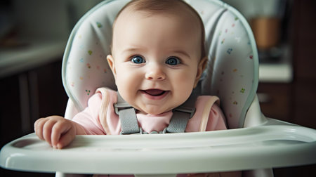 Portrait of smiling six month baby sits in high chair and feels hungry, waiting for a meal. Healthy eating. Child care.の素材