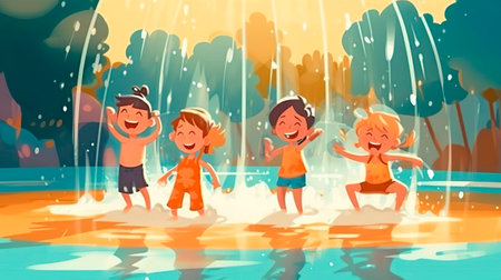 Happy laughing children swim and jump in the water park in the fountain. Kids summer camp. Holiday adventure trip vacation travel concept.の素材