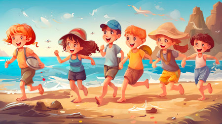 Kids summer camp. Happy smiling children run along on the beach along the sea to play ball. Holiday adventure trip vacation travel concept.の素材