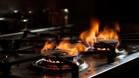 Red fire from domestic kitchen stove top. Gas cooker with burning flames of propane gas. Global gas crisis and price rise.の素材