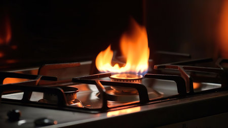 Red fire from domestic kitchen stove top. Gas cooker with burning flames of propane gas. Global gas crisis and price rise.の素材