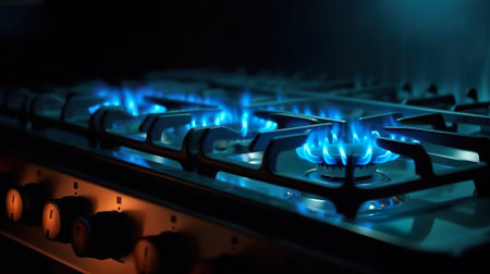 Blue gas cooker with burning flame of propane gas. Domestic kitchen stove top. Global gas crisis and price rise.の素材