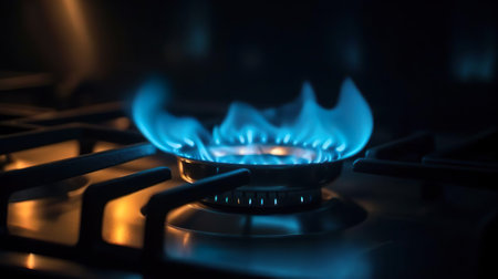 Blue gas cooker with burning flame of propane gas. Domestic kitchen stove top. Global gas crisis and price rise.の素材