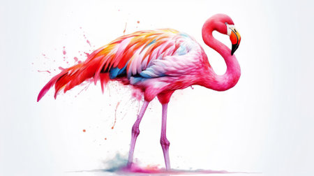 A colorful pink flamingo bird of rainbow colors stands in multicolored splashes of paint. White backgroundの素材