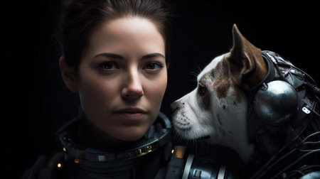 Beautiful female robot with her robotic metal sniffer dog at work. Artificial intelligence. Smart machine robot cyber pet friend. Machine learning.の素材