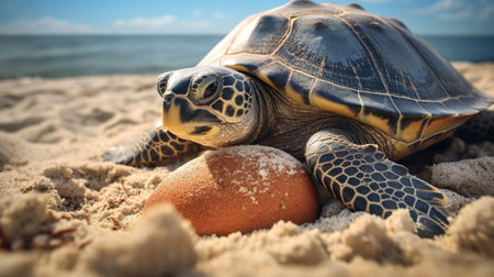 The turtle lays eggs in the clean sandy beach. Tortoise nesting. Female tortoise laying eggs.の素材