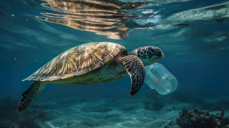 Sad sea turtle in polluted ocean. There is garbage plastic bottle under water. Save nature. Stop ocean plastic contamination. Environmental ocean pollution.の素材