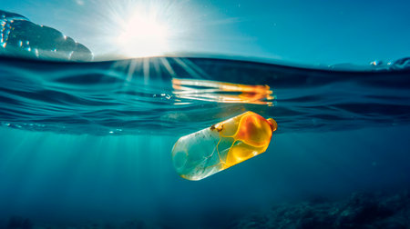 Plastic bottle under water. The sea and ocean pollution. Stop ocean plastic contamination. Environmental pollution. Generative Ai technology.の素材