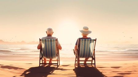 Senior couple enjoying time at the beach near the ocean. Travel vacation and retirement lifestyle.の素材