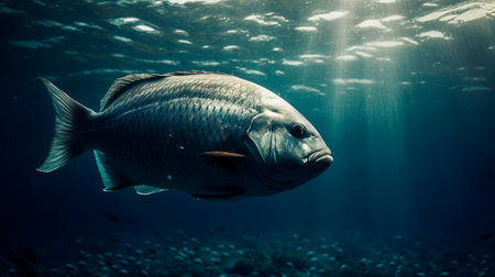 A big serious fish near the reef in the tropical ocean. Tropical fish in coastal waters. Wildlife. Sea and ocean world. Life in a coral reef. Ecosystem.の素材