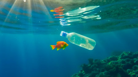 A fish and garbage plastic bottle in the water. Plastic pollution. Save nature. Stop ocean plastic contamination. Environmental ocean pollution. Underwater view.の素材
