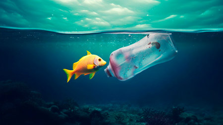 Underwater view with goldfish and garbage plastic bottle in the water. Plastic pollution. Save nature. Stop ocean plastic contamination. Environmental ocean pollution.の素材