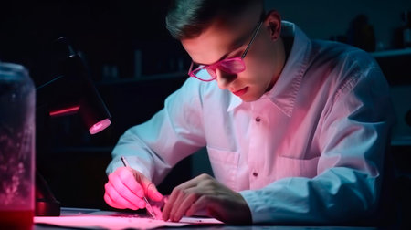 Student of the faculty of biology and chemistry or male young scientist conducts experiment. Laboratory for the study of virus bacteria and infection. Research scientist with reactions and substance.の素材