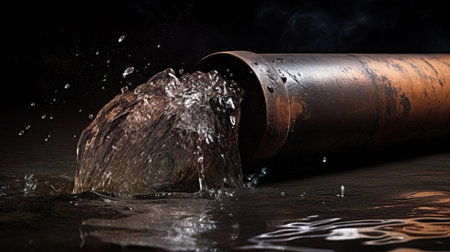 City pollution. Waste dirty sewage water flows from the pipe. Ecology. Environmental disaster. Ecological problem.の素材