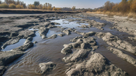 Drying of the rivers. Desiccation of the soil. Desert. Global drinking water shortage. Climate change.の素材
