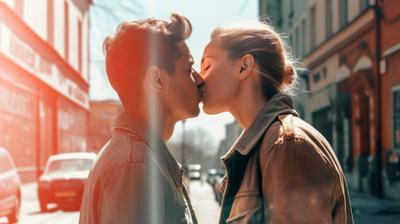 Romantic couple kissing in the city street. Attractive people woman and man. The boyfriend missing his girlfriend. Love passion relationship emotion concept.の素材