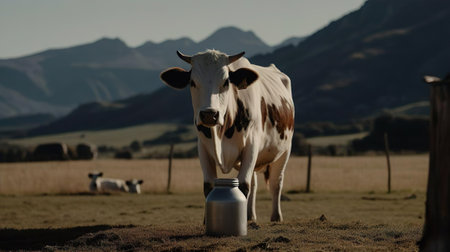 Cow with horns grazing on a grass field meadow surrounded by mountains. A cow in the pasture over blue sky. Agriculture, farm, cattle, livestock, milk, production of dairy products concept.の素材