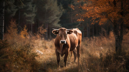 Cow bull with horns grazing on a grass field meadow surrounded by mountains. A cow in the pasture over blue sky. Agriculture, farm, cattle, livestock, milk, production of dairy products concept.の素材