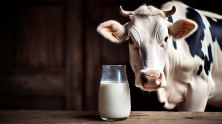 Black and white cow with glass of milk. A cow gives delicious healthy milk. Agriculture, farm, cattle, livestock, milking a cow, production of dairy products concept.の素材