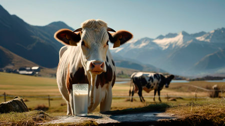 Cow grazing on a grass field meadow surrounded by mountains with glass of delicious healthy milk. A cow in the pasture over blue sky. Agriculture, farm, cattle, livestock, milk, production of dairy products concept.の素材